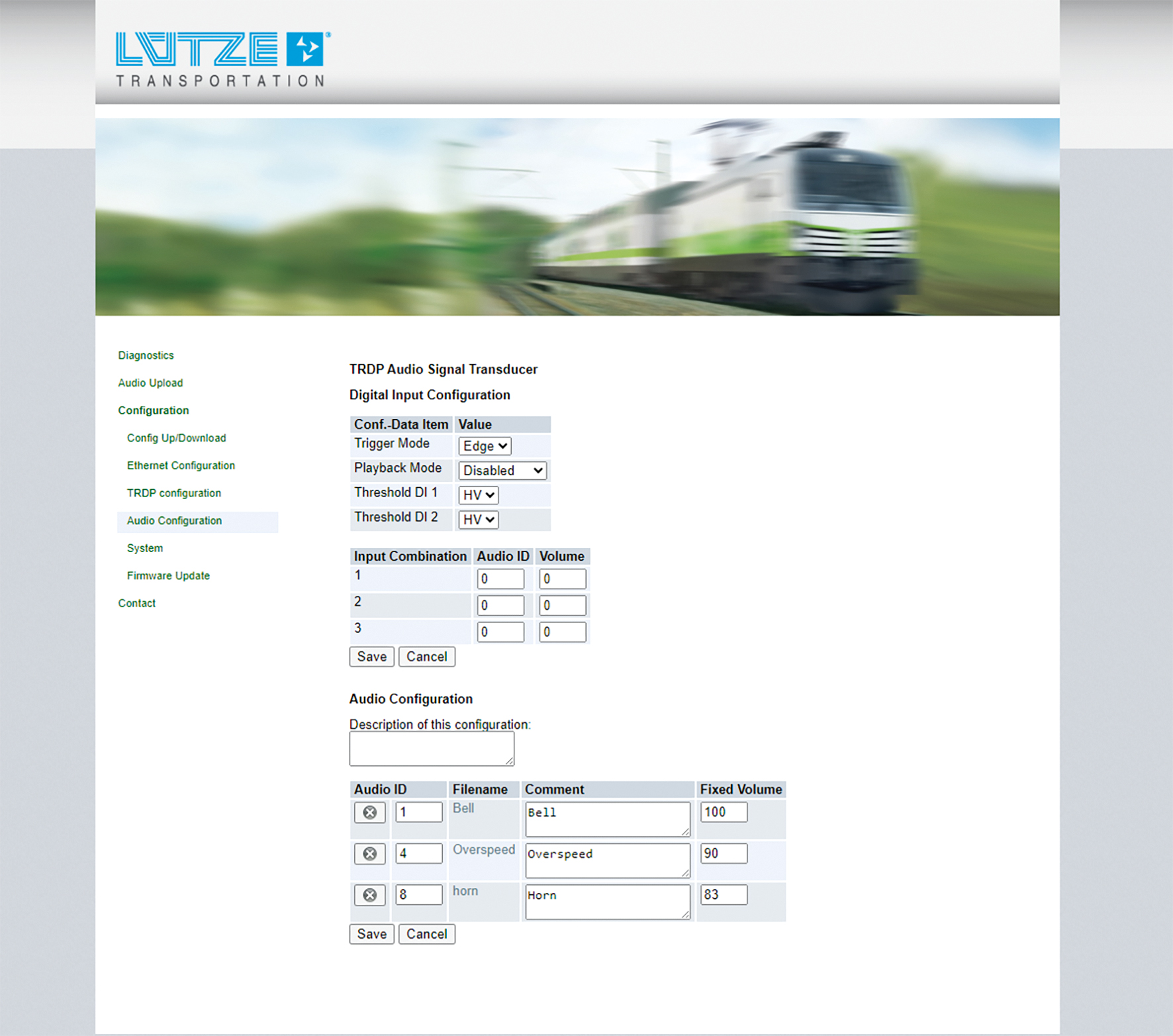 Weboberfläche Audiokonfiguration - Lütze Transportation GmbH